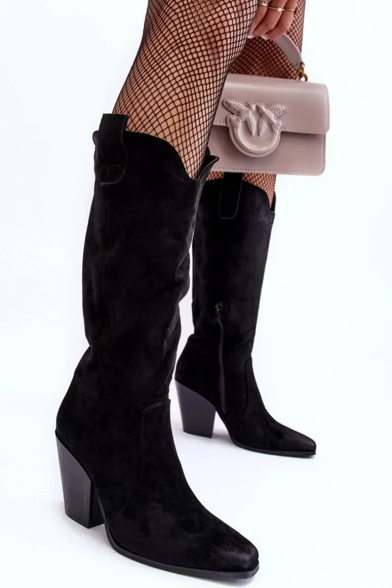 Zamszowe Kozaki Kowbojki Na Obcasie Czarne Tortana