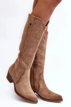 Zamszowe Kozaki Kowbojki Na Niskim Obcasie Beżowe Lunah