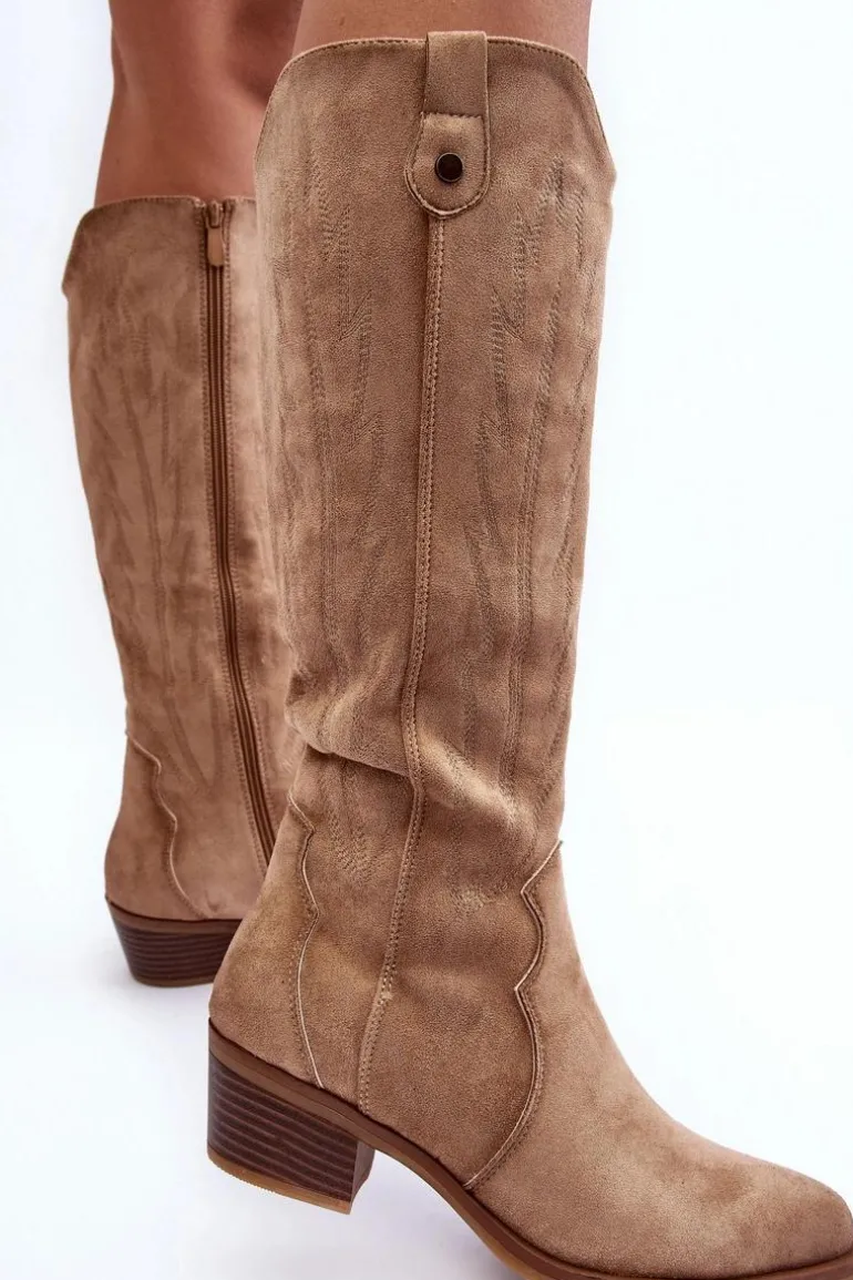 Zamszowe Kozaki Kowbojki Na Niskim Obcasie Beżowe Lunah