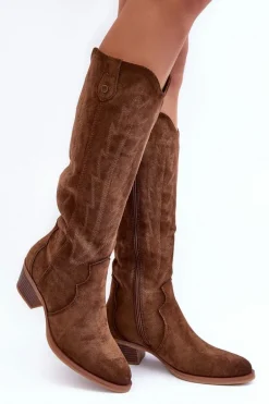 Zamszowe Kozaki Kowbojki Na Niskim Obcasie Brązowe Lunah