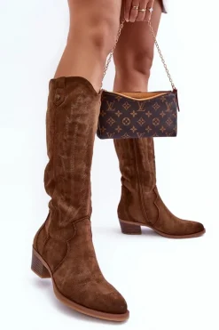 Zamszowe Kozaki Kowbojki Na Niskim Obcasie Brązowe Lunah