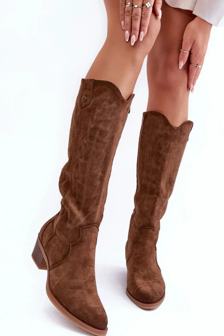 Zamszowe Kozaki Kowbojki Na Niskim Obcasie Brązowe Lunah