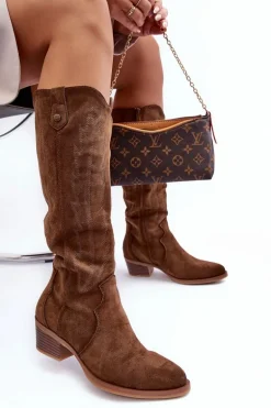 Zamszowe Kozaki Kowbojki Na Niskim Obcasie Brązowe Lunah