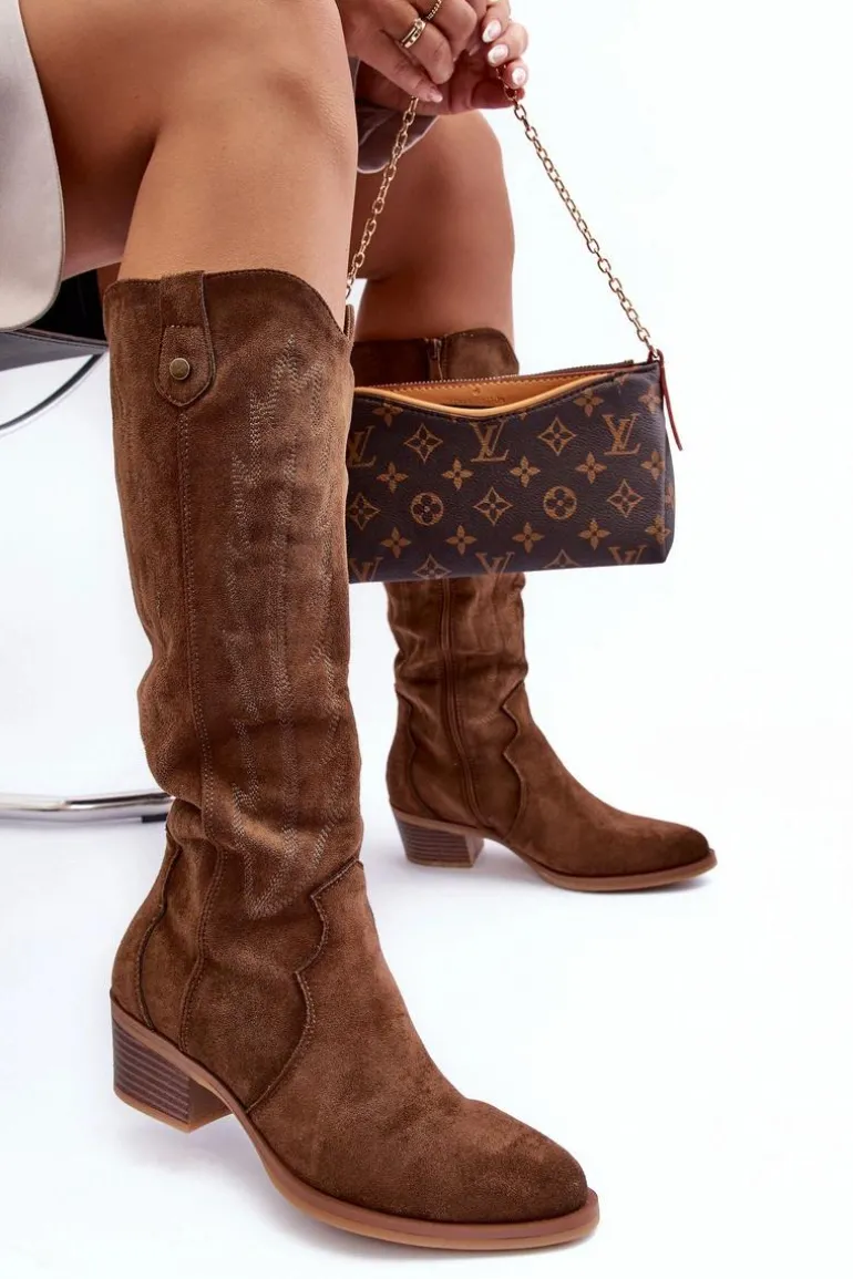 Zamszowe Kozaki Kowbojki Na Niskim Obcasie Brązowe Lunah