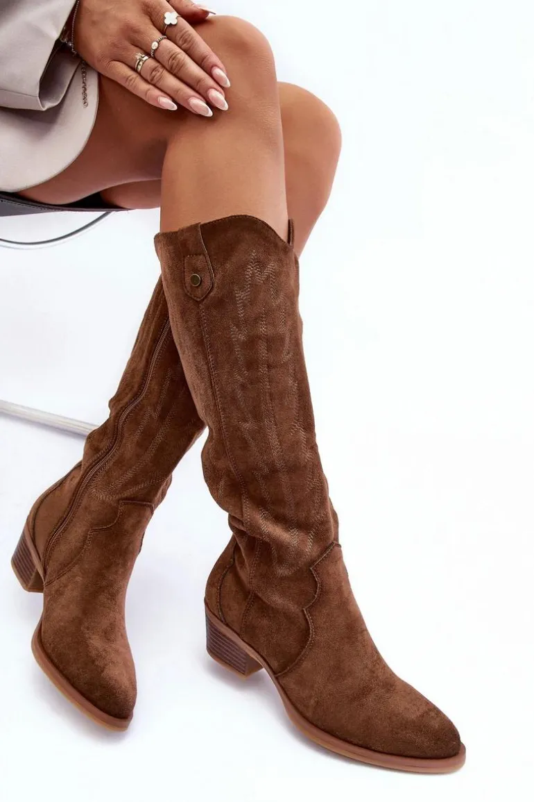 Zamszowe Kozaki Kowbojki Na Niskim Obcasie Brązowe Lunah