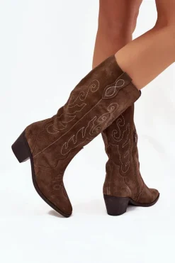 Zamszowe Kozaki Kowbojki Damskie Na Obcasie Brązowe Karira