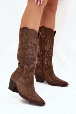 Zamszowe Kozaki Kowbojki Damskie Na Obcasie Brązowe Karira
