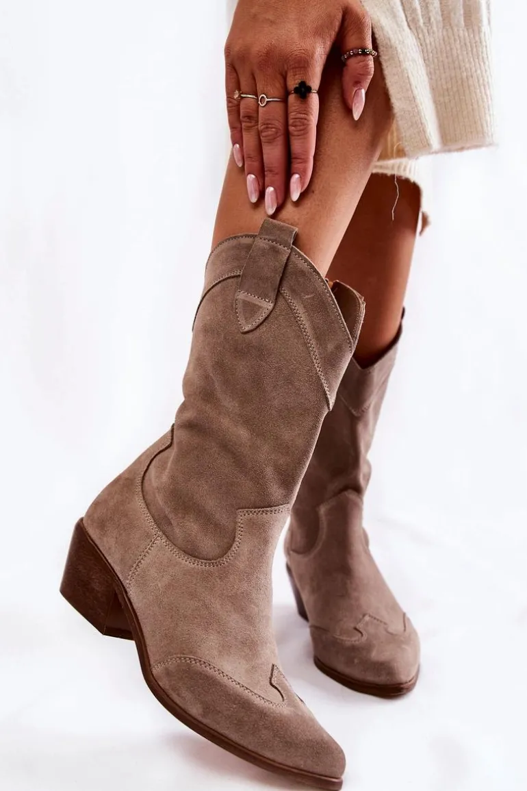 Zamszowe Kozaki Kowbojki Lewski Shoes 3198 Cappucino