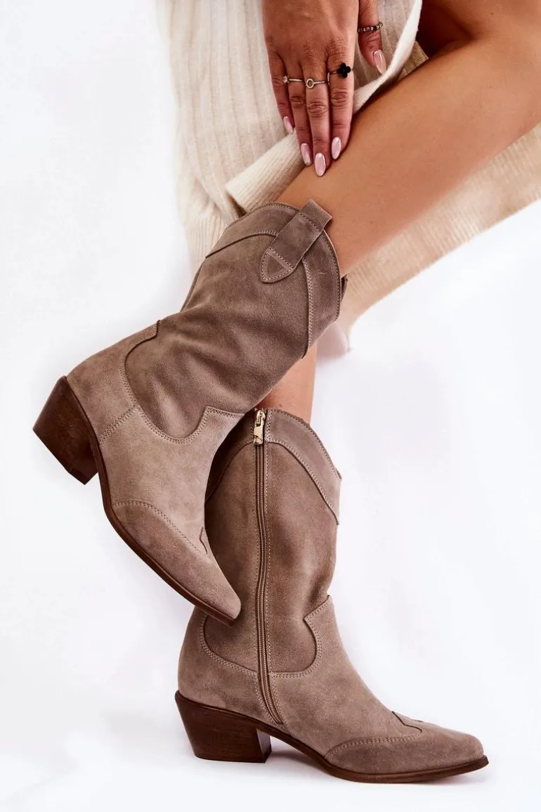 Zamszowe Kozaki Kowbojki Lewski Shoes 3198 Cappucino