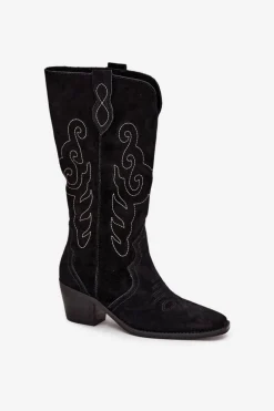 Zamszowe Kozaki Kowbojki Damskie Na Obcasie Czarne Karira