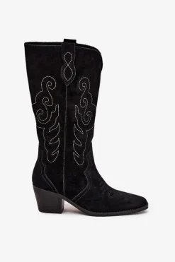 Zamszowe Kozaki Kowbojki Damskie Na Obcasie Czarne Karira