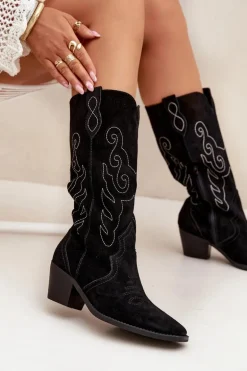 Zamszowe Kozaki Kowbojki Damskie Na Obcasie Czarne Karira