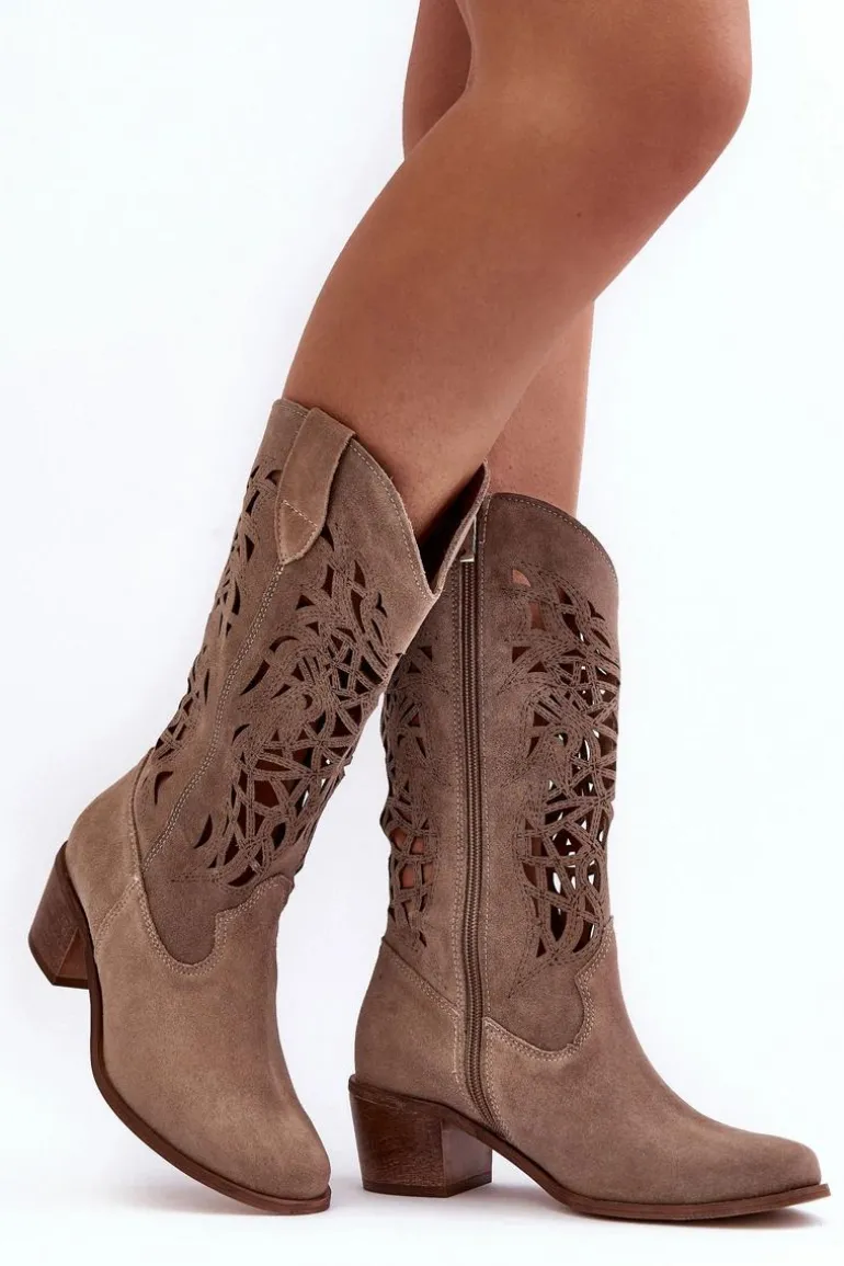 Zamszowe Kozaki Kowbojki Ażurowe Ciemnobeżowe Lewski 3320