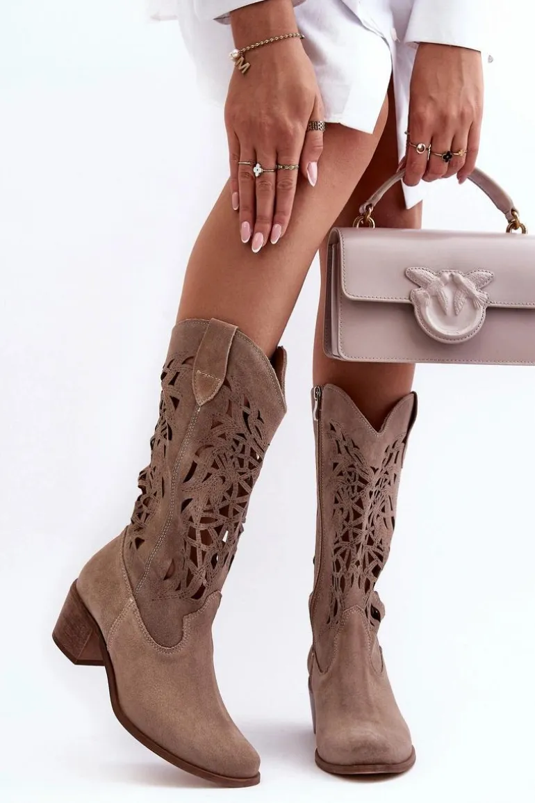 Zamszowe Kozaki Kowbojki Ażurowe Ciemnobeżowe Lewski 3320