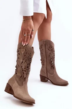Zamszowe Kozaki Kowbojki Ażurowe Ciemnobeżowe Lewski 3320