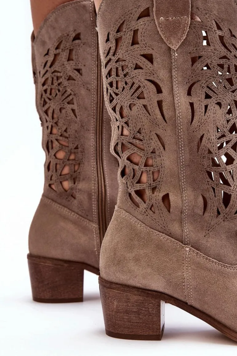 Zamszowe Kozaki Kowbojki Ażurowe Ciemnobeżowe Lewski 3320