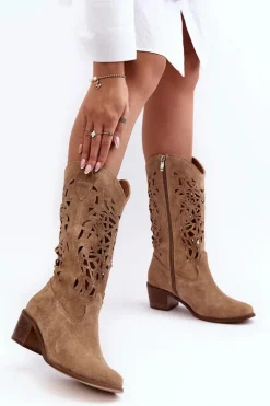 Zamszowe Kozaki Kowbojki Ażurowe Beżowe Lewski 3320