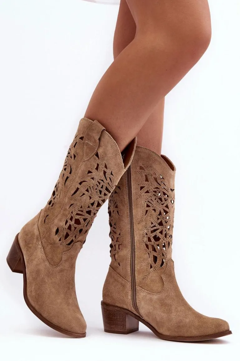 Zamszowe Kozaki Kowbojki Ażurowe Beżowe Lewski 3320