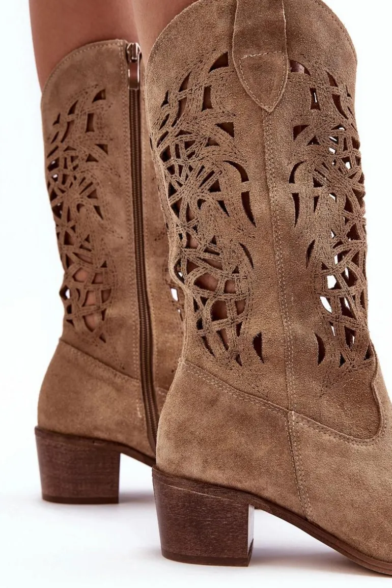 Zamszowe Kozaki Kowbojki Ażurowe Beżowe Lewski 3320