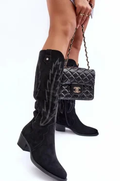 Zamszowe Kozaki Kowbojki Na Niskim Obcasie Czarne Lunah