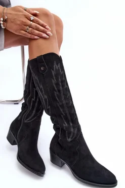 Zamszowe Kozaki Kowbojki Na Niskim Obcasie Czarne Lunah