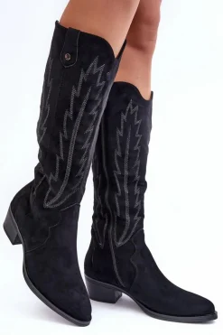 Zamszowe Kozaki Kowbojki Na Niskim Obcasie Czarne Lunah