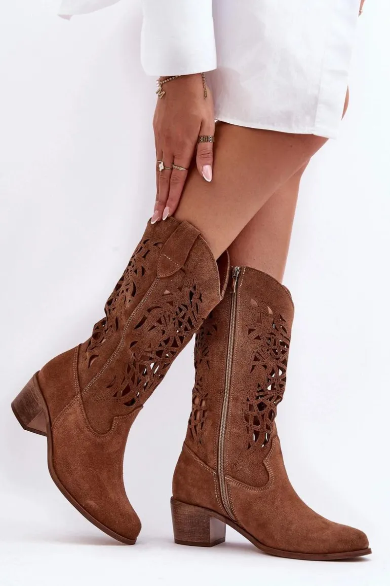 Zamszowe Kozaki Kowbojki Ażurowe Brązowe Lewski 3320