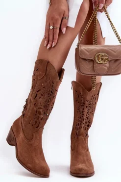 Zamszowe Kozaki Kowbojki Ażurowe Brązowe Lewski 3320