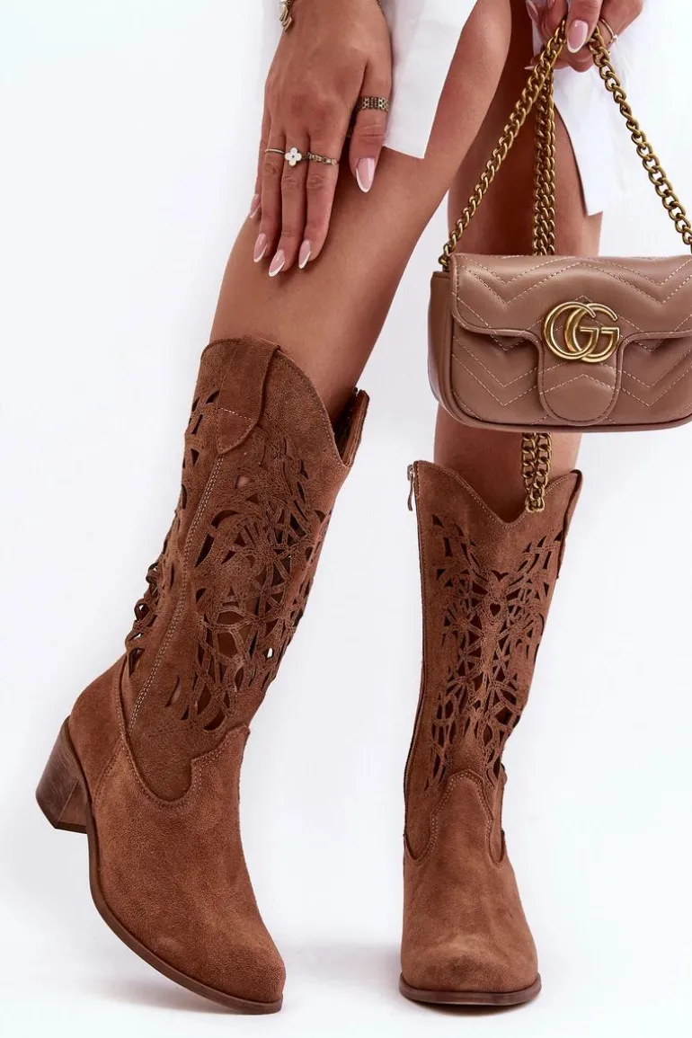 Zamszowe Kozaki Kowbojki Ażurowe Brązowe Lewski 3320