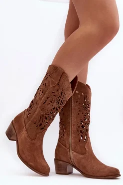 Zamszowe Kozaki Kowbojki Ażurowe Brązowe Lewski 3320