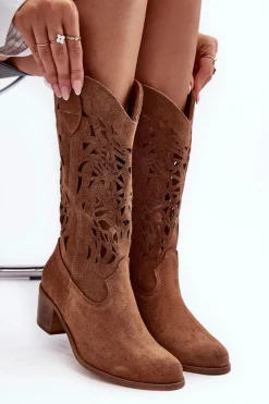 Zamszowe Kozaki Kowbojki Ażurowe Brązowe Lewski 3320