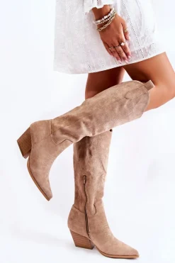 Zamszowe Kozaki Kowbojki Z Przeszyciami Ciemnobeżowe Beverly