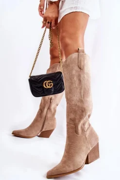 Zamszowe Kozaki Kowbojki Z Przeszyciami Ciemnobeżowe Beverly