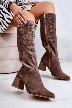 Zamszowe Kozaki Lewski Ażurowe Brązowe Romena