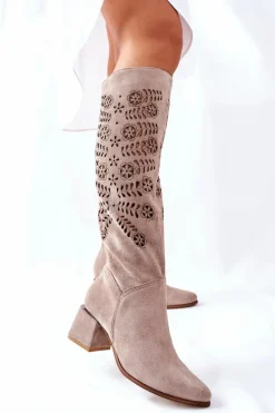 Zamszowe Kozaki Lewski Ażurowe Beżowe Romena