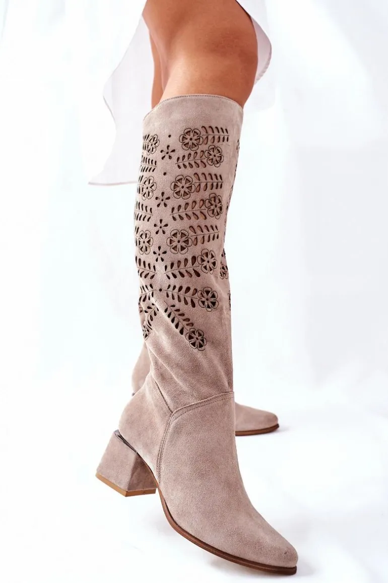 Zamszowe Kozaki Lewski Ażurowe Beżowe Romena