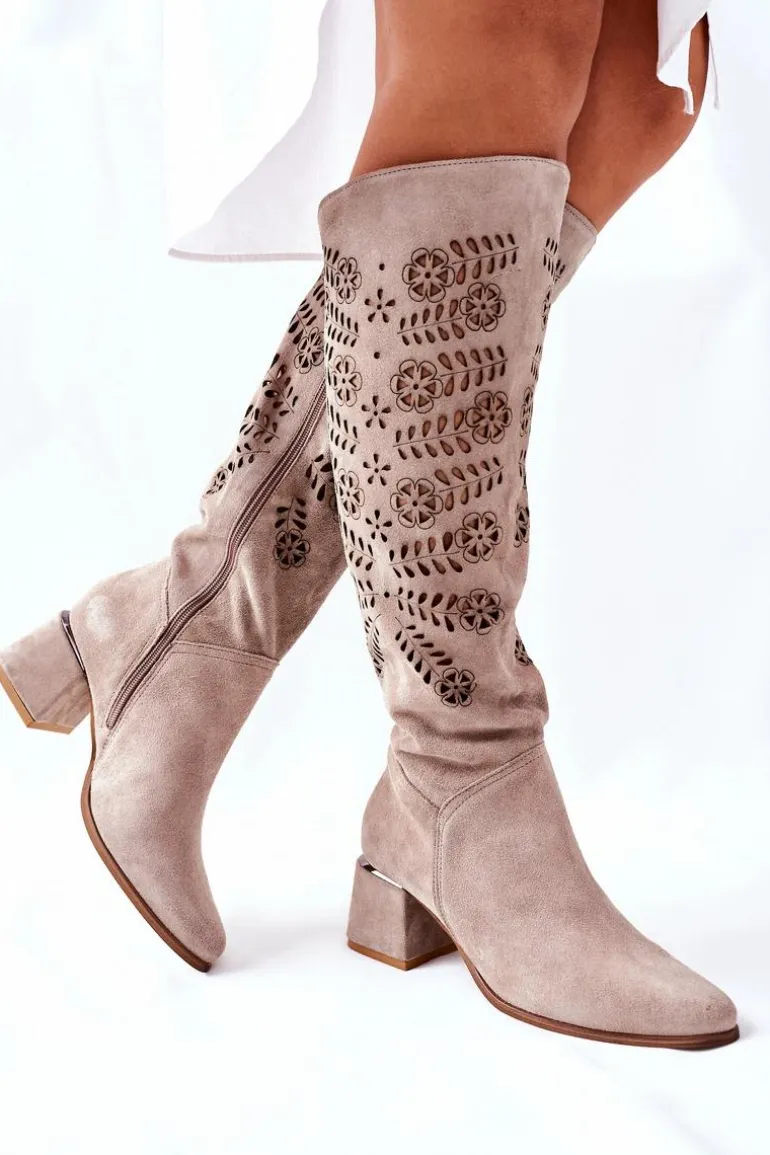 Zamszowe Kozaki Lewski Ażurowe Beżowe Romena