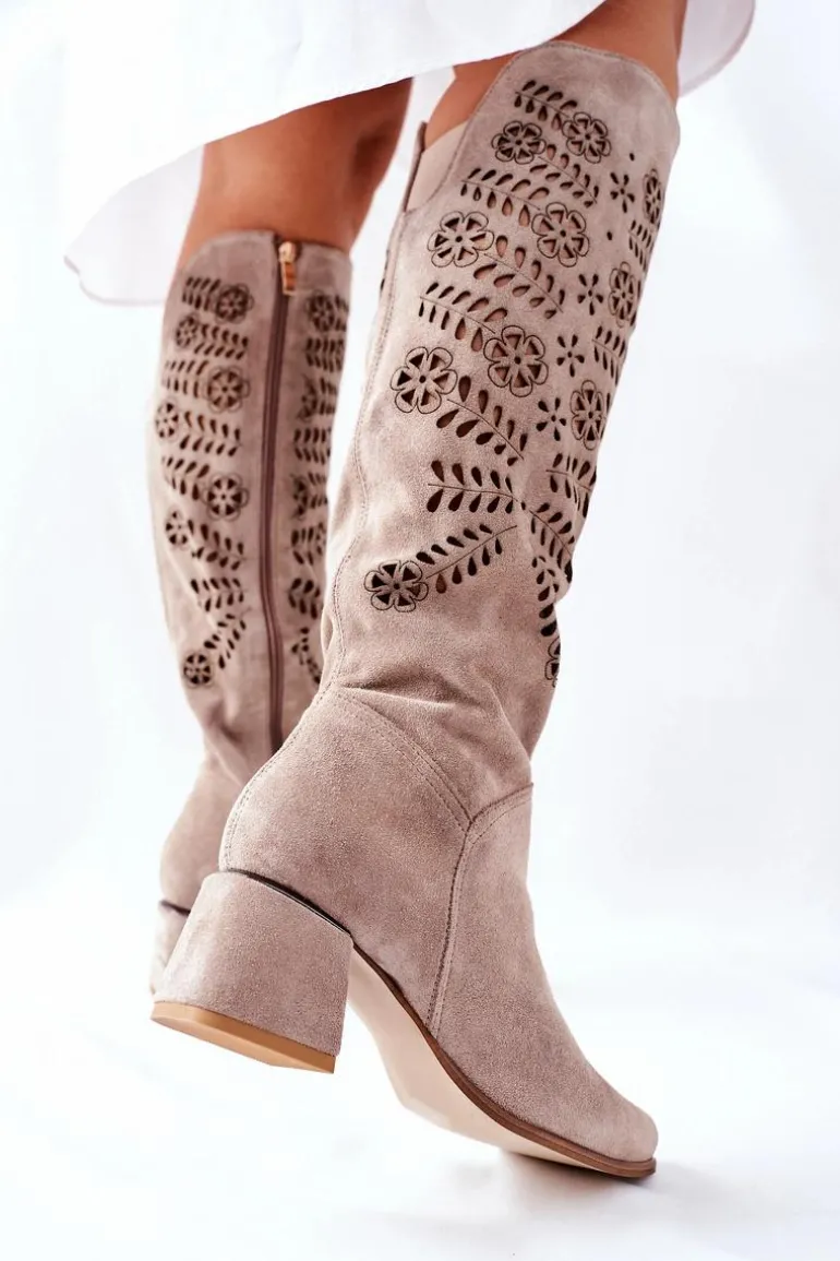 Zamszowe Kozaki Lewski Ażurowe Beżowe Romena