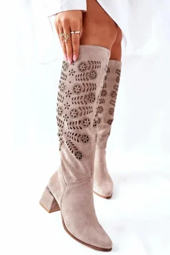 Zamszowe Kozaki Lewski Ażurowe Beżowe Romena