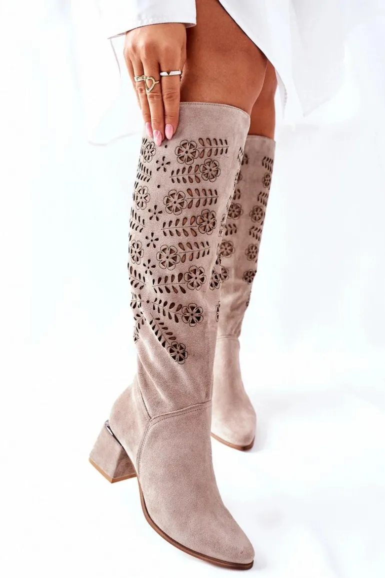 Zamszowe Kozaki Lewski Ażurowe Beżowe Romena