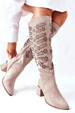 Zamszowe Kozaki Lewski Ażurowe Beżowe Romena