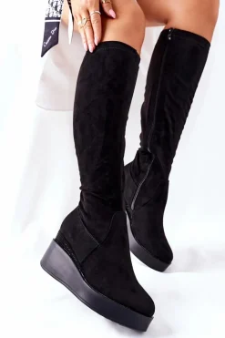 Zamszowe Kozaki Na Koturnie S. Barski Czarne Celina