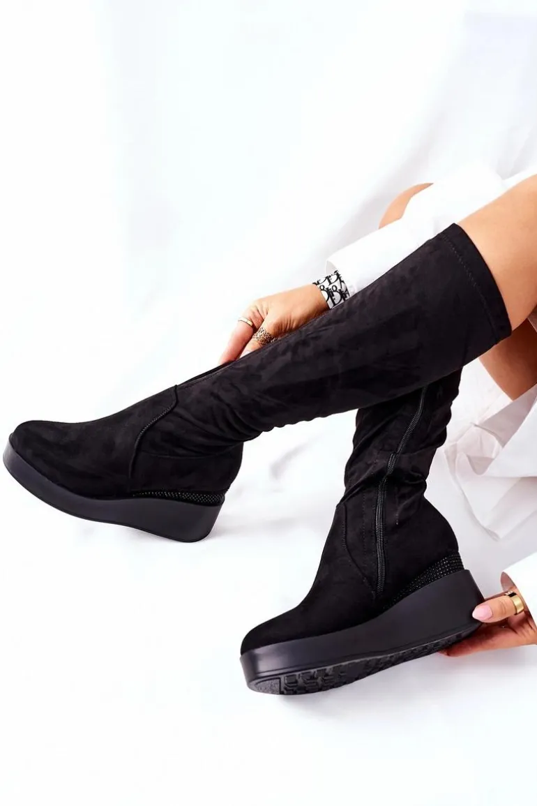 Zamszowe Kozaki Na Koturnie S. Barski Czarne Celina