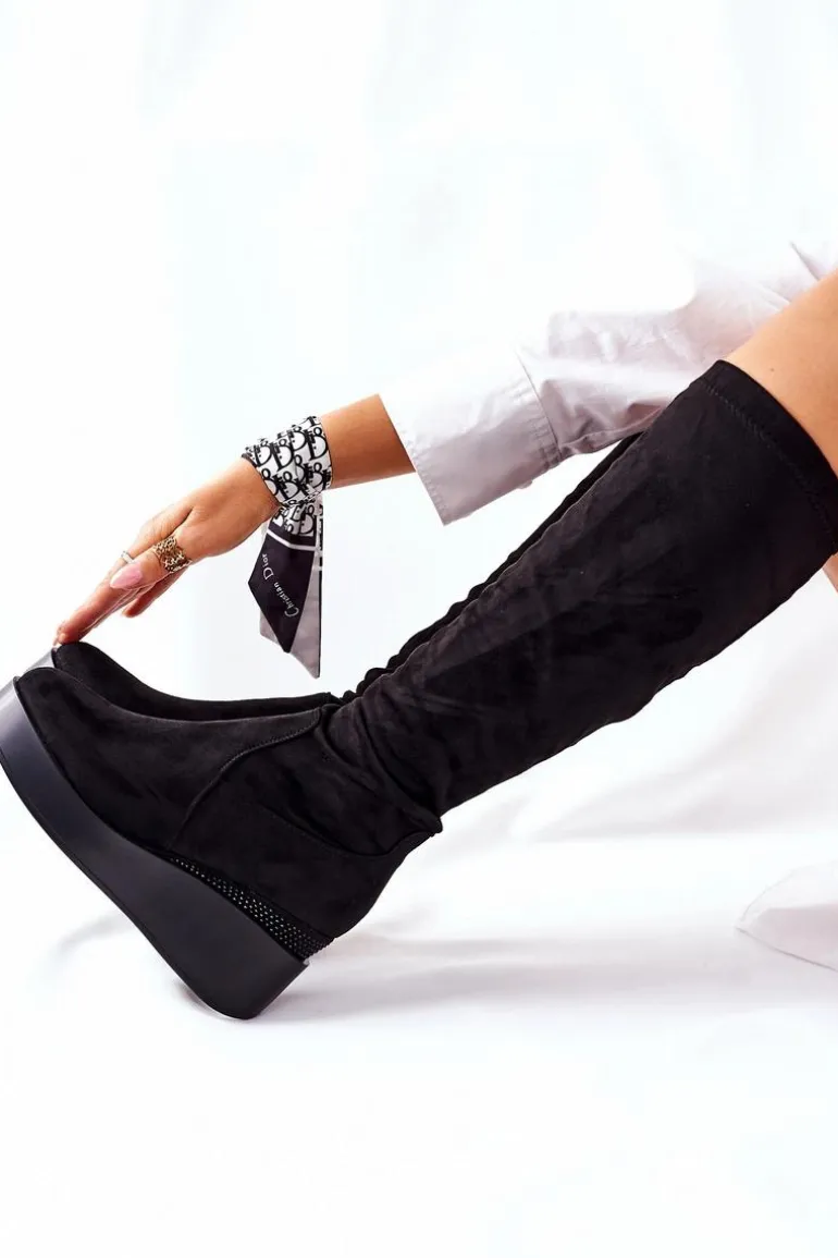 Zamszowe Kozaki Na Koturnie S. Barski Czarne Celina