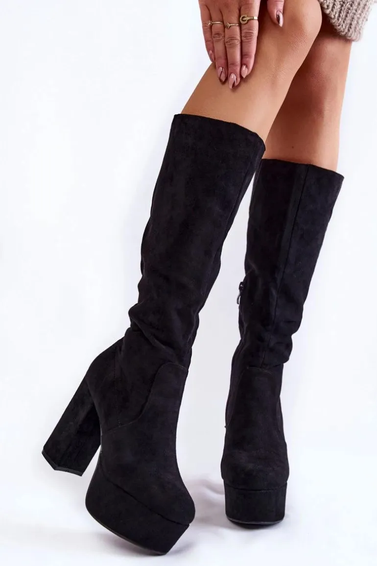 Zamszowe Kozaki Na Masywnym Obcasie I Platformie Czarne Nevira