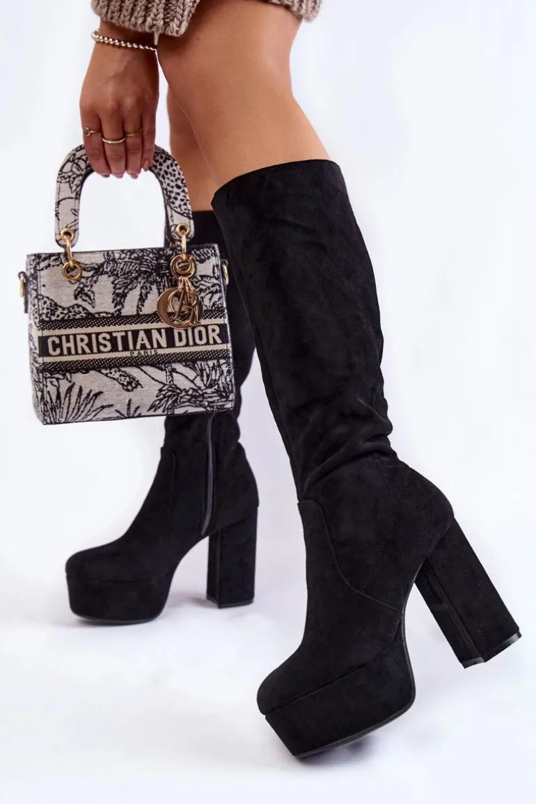 Zamszowe Kozaki Na Masywnym Obcasie I Platformie Czarne Nevira