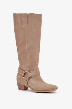 Zamszowe Kozaki Na Niskim Obcasie Z Cholewką Przed Kolano Zazoo 3444/O Jasnobeżowe