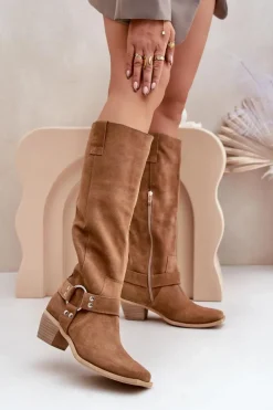 Zamszowe Kozaki Na Niskim Obcasie Z Cholewką Przed Kolano Zazoo 3444/O Camel