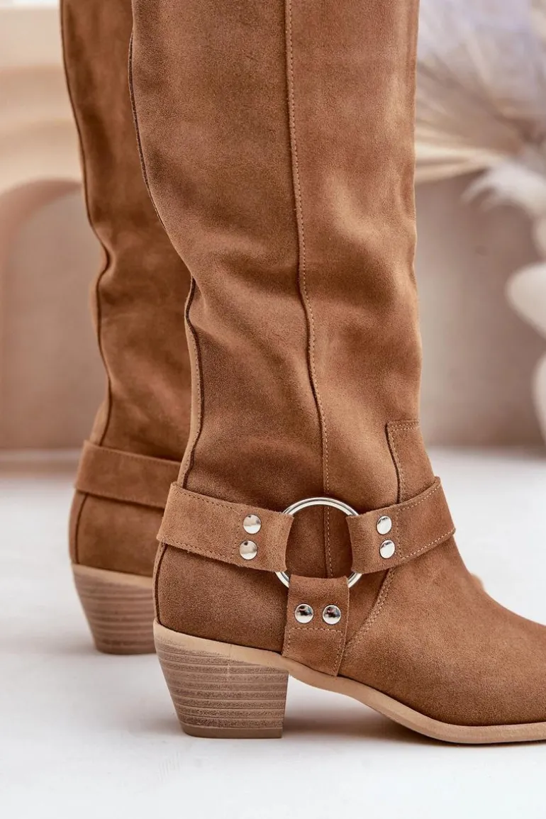 Zamszowe Kozaki Na Niskim Obcasie Z Cholewką Przed Kolano Zazoo 3444/O Camel