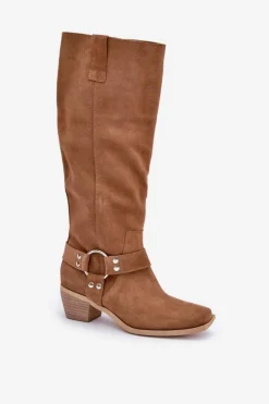 Zamszowe Kozaki Na Niskim Obcasie Z Cholewką Przed Kolano Zazoo 3444/O Camel